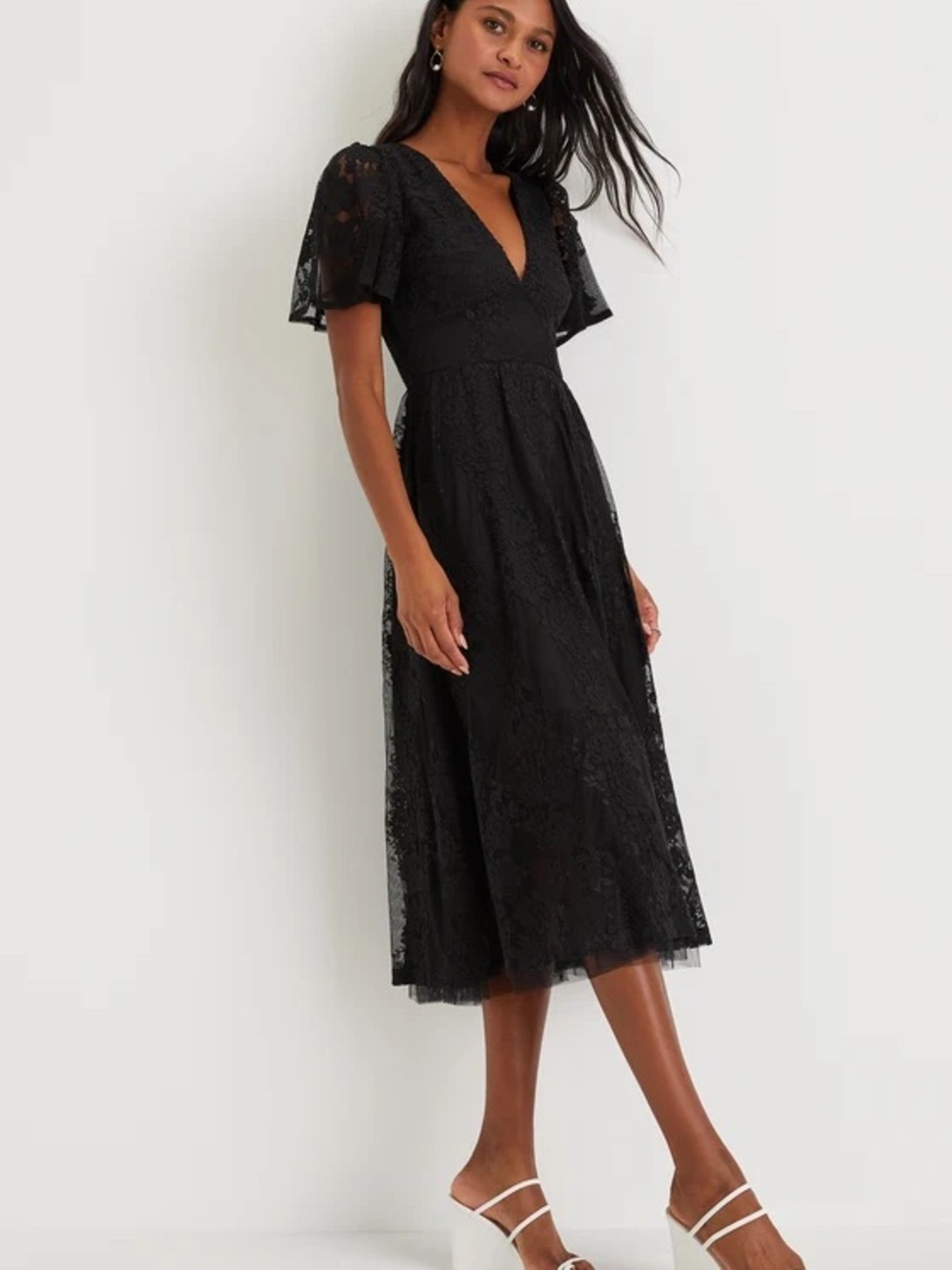 Lulu's Black Lace Midi Dress with V-Neck and Flutter Sleeves